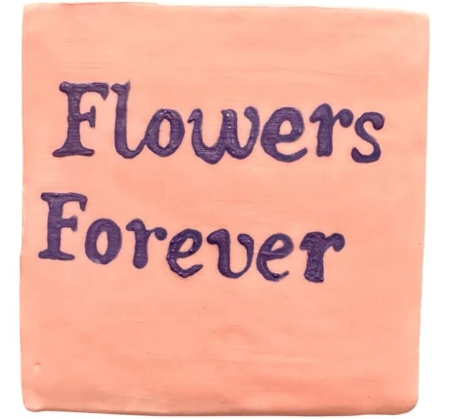 Flowers Forever Coaster by L&Clay Ceramics - Pink Base with Purple Text - 10cm x 10cm