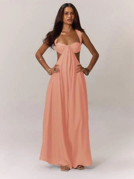 MUSERA Extreme Wide Leg Jumpsuit Draped Front Bust Cups Cut Out Sides Open Back Vacation Boho Western Spring Summer Vacation Beachwear Elegant Ibiza Holiday Wedding Guest Date Night Sexy Evening Bohemian Autumn Winter Peach