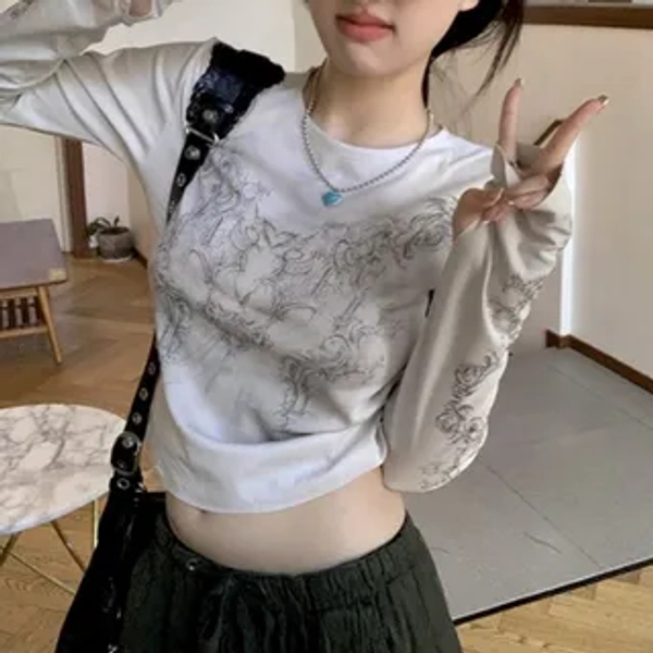 Long-Sleeve Crew Neck Patterned Print T-Shirt