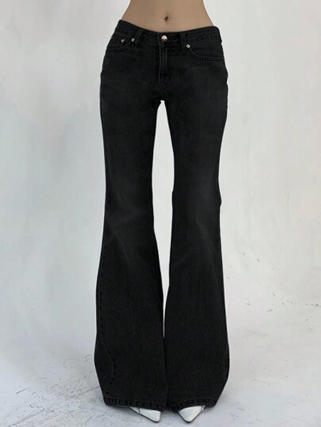 DAZY Women's Solid Color Front Button Pocket Simple Casual Flared Denim Jeans Y2k Streetwear Low Rise Jeans