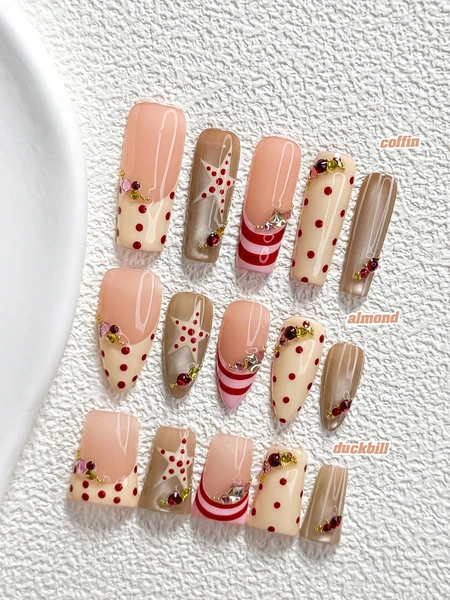 10Pcs Sweet And Cool Style Handmade Press On Nail,Polygel Nail Set,Polka Dots, Stars, Pink, Yellow And Champagne Nail Polish,Y2K Style,Includes Nail Tools,3 Sizes Available,Almond Nails , Duck Nails,Coffin Nails For Party, Dance, Daily Wear.
