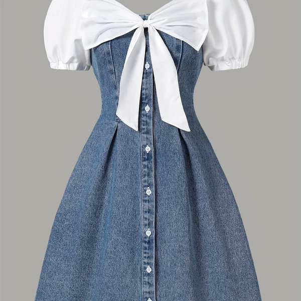 Single-Piece Teen Girls' Faux Denim Dress with a Ladylike, Vacation, Picnic Style, Suitable for Outings And Daily Wear, Fashionable, Elegant And Sweet, Perfect for The Back-To-School Season., for Teenager, For Teenager