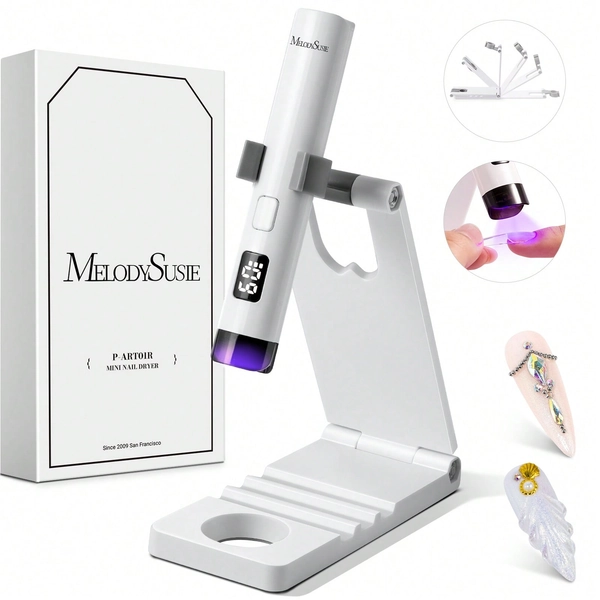 Handheld UV Light For Gel Nails With Stand, Mini Portable Cordless Nail Lamp With LCD Display, Eye-Protective Cover, Flash Curing For Glue White