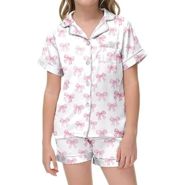 Girls Zszcpp Pj'S Lounge Set Bow Knot Print Silk Satin Short Sleeve Button Loungewear Lapel Fitted Sleepwear
