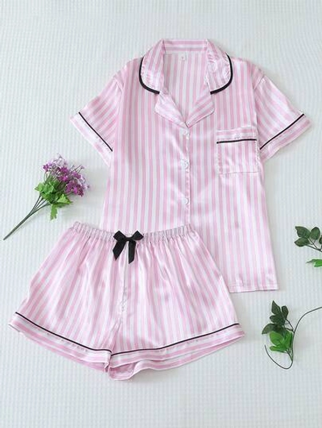 2pcs Satin Trim Collar Short Sleeve Top And Bow Tie Striped Shorts Pajama Set For Women, Summer Loungewear