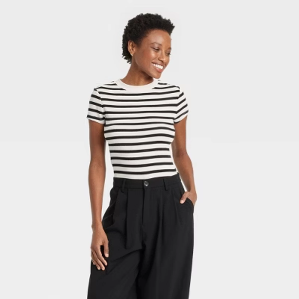 Women's Slim Fit Short Sleeve Ribbed T-Shirt - A New Day™ Cream Striped S: Cotton-Modal Blend, Crew Neck, Pullover, Below Waist