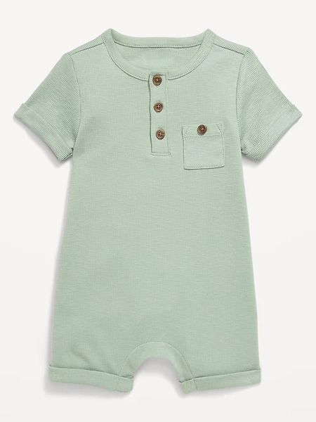 Printed Ribbed Henley Pocket One-Piece Romper for Baby