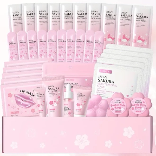 Sakura Brightening Skincare Gift Box Set - 35pcs, with 10pcs Hand Cream & Cream Mask, Skin care, Skin care set, Face mask, 5pcs Lip Mask & Sheet Mask