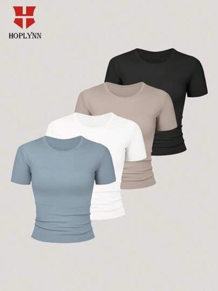 HOPLYNN 4 Pack Women's Tight Short Fitted Basic T-Shirts Short Sleeve Slim Fit Crew Neck Casual Fashion Crop Tops Tees Shirts Quick-Drying Breathable Fitness Clothes