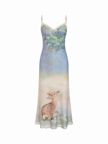 Mesh Deer Graphic Sweetheart Lace Trim Slip Maxi Dress