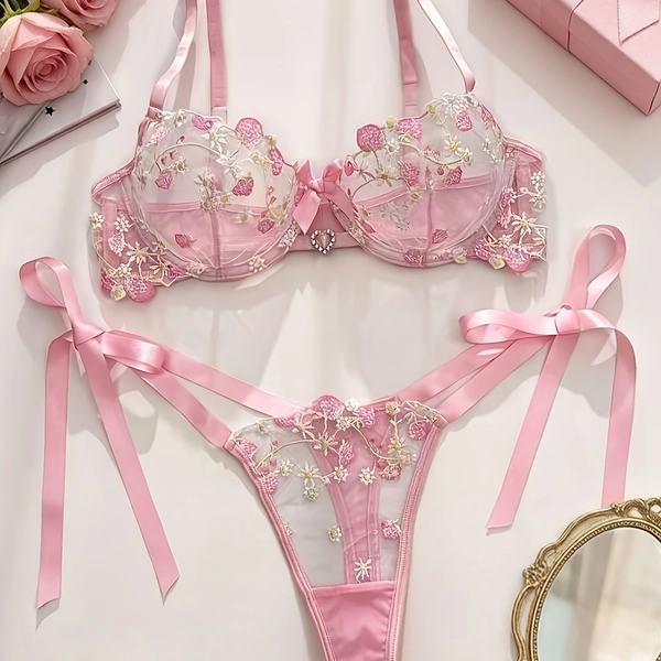 Pink Cherry Embroidery See-through Set, Top and Panties, 2pcs Set, Pure Desire Style, Sexy Lace Underwear and Panties Set