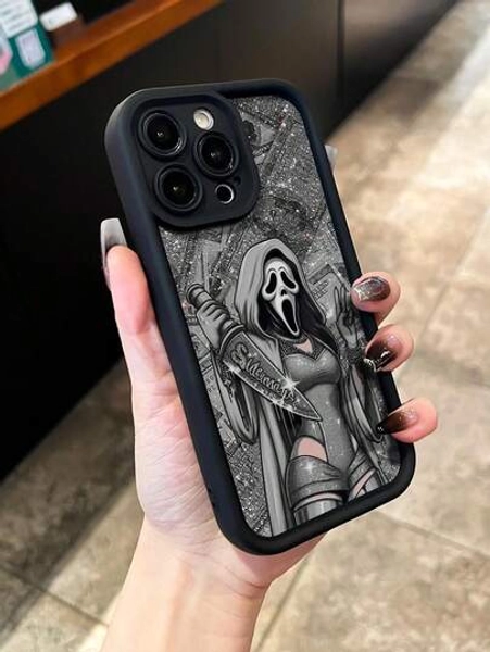 1pc Black Creative 2D Dollar Ghost Design Protective Phone Case, Compatible With IPhone 16e 16 Pro Maxe 15ne 14, XR/7/8, Artistic, Shockproof, Compatible With IPhone 15 Pro Max, 13, 14, 11, Soft Case, P12