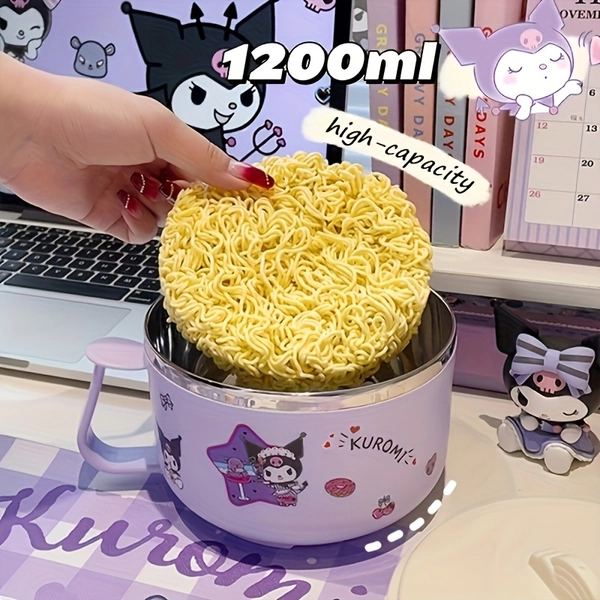 Sanrio Kuromi 40.58oz Stainless Steel Lunch Bowl with Lid - Cartoon DIY Design, Large Capacity, Heat-Resistant, Perfect for Dorm and Office Meals, Hand Wash Recommended, Office Lunch Bowl | Cartoon Character Bowl | Heat-Resistant Design