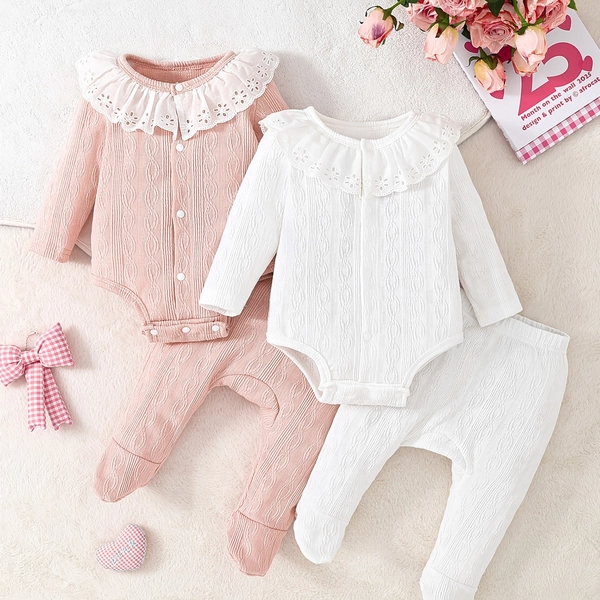 Conjunto de 4 piezas para recién nacida, otoño, confección jacquard, encaje cómodo, cuello de encaje, manga larga, pantalones cortos, ideal para exteriores