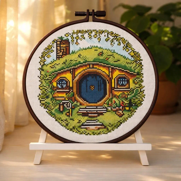 Hobbit House Cross Stitch Kit, Fantasy Cottage Embroidery Kit, Cozy Landscape, DIY Craft Gift