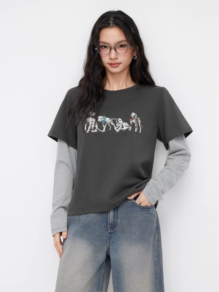 Dog Graphic Striped Long Sleeve Two Tone Oversized Tee
