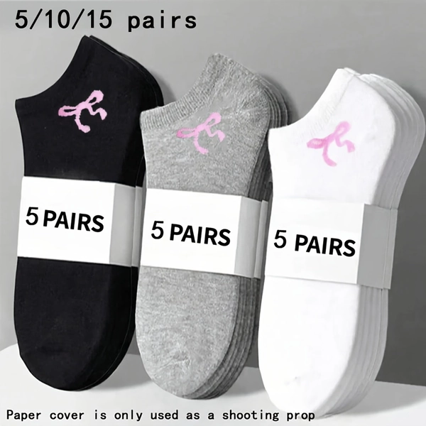 [Trendy Boat Socks] 5 Pairs/10 Pairs/15 Pairs of Trendy Basic Boat Socks | Black, White, Gray with Pink Bows - Versatile