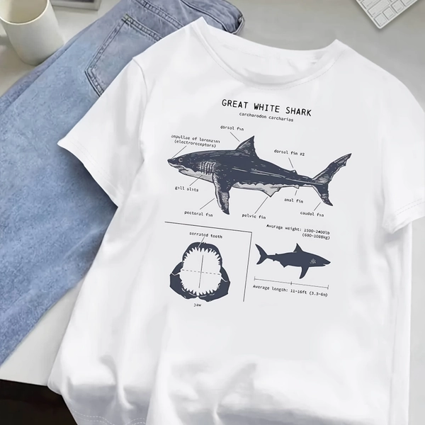 [Shark Print T-Shirt] Shark Print T-Shirt | Women's Short Sleeve Round Neck | Blue Lettering, Casual Summer Beachwear, S-XXL Multi-Colors (Blues, Whites, Blacks) - Machine Washable