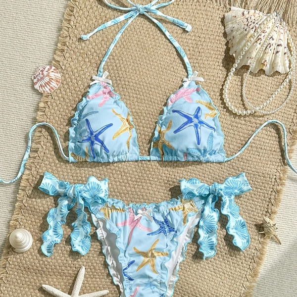 2pcs Women'S Bikini Set, Small Checkered Starfish Split Halter Triangle Bag Casual Vacation Swimwear