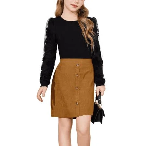 Oudiya Girls Skirt Sets Casual Fall Outfits Corduroy Skirt and Long Sleeve Rib Knit Shirt Tops 2 Piece Set