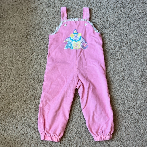 Vintage 80s Buster Brown 18m Baby Toddler Girl Pink Corduroy Overalls Clown ABC