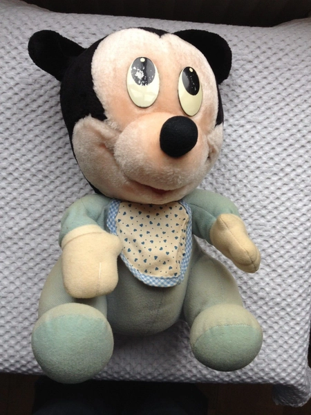 Vintage Baby Mickey Mouse Soft Toy - Blue Romper Suit with Bib - 1980s?