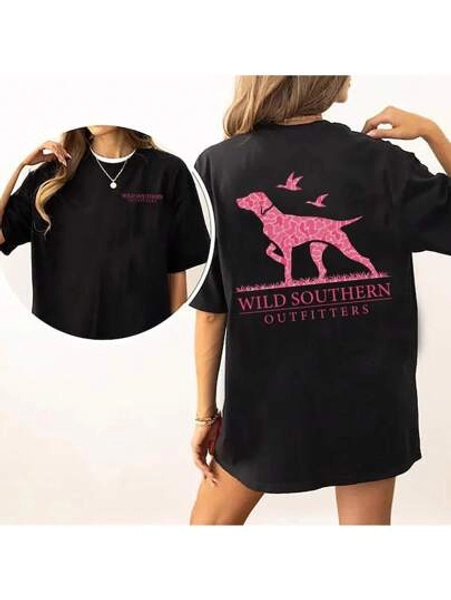 [100% Cotton]Pink Camo Hunting Dog Shirt, Wild Southern T-Shirt, Simply Printed Graphic Shirt