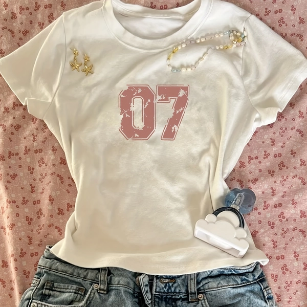 1pc Women's Casual Top with Digital 07 Print, Creative Design, Ins-Style Hot American Summer Short-Sleeve T-Shirt