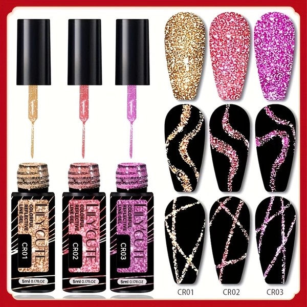LILYCUTE Nail Gel Polish, Colorful Reflective Line Super Bright Sparkling Glitter, Ultra-Thin Pull Line Drawing Painting Nail Art Graffiti Stripe Gel Varnish, 5ml 3/6pcs Set