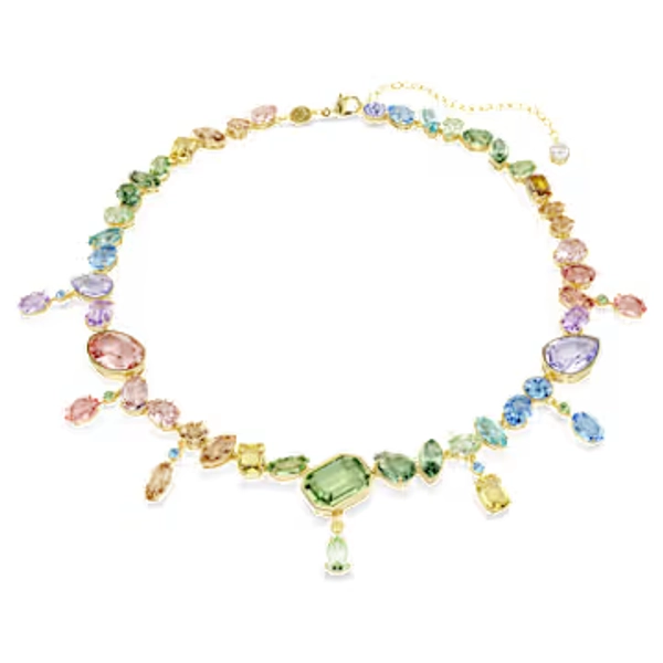 Gema necklace, Mixed cuts, Dangling crystals, Multicolored, 18K gold finish