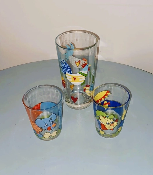 Three 1970s Vintage Cute Children’s Drinking Glasses 1 highball, 2 lowball