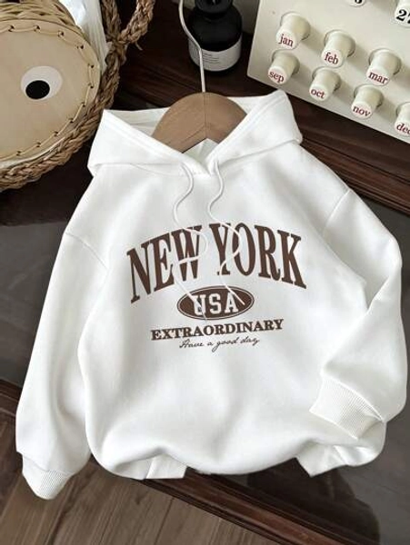 SHEIN EZwear Casual Minimalist Letter Print Hooded Long Sleeve Loose Fit Thick Sweatshirt For Women, Autumn/Winter Hoodie