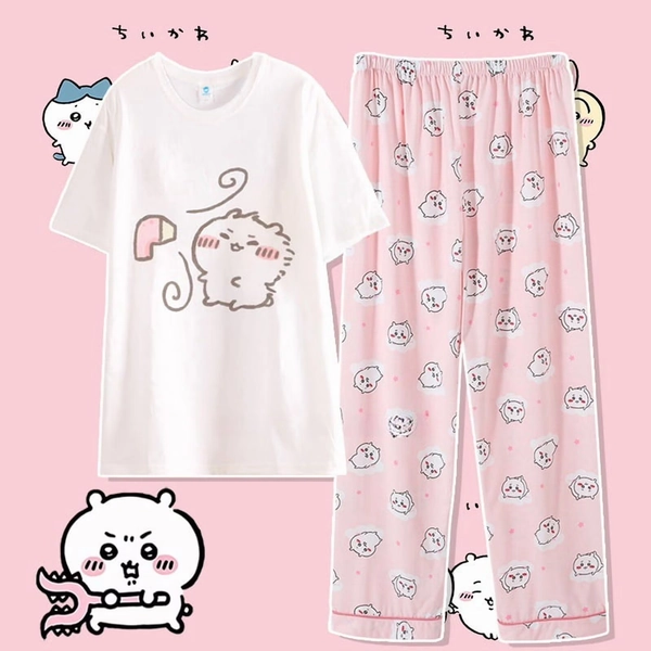 Anime Cartoon Chiikawa Usagi Hachiware Sleepwear Summer New Pure Cotton Short Sleeved Set Fashion Casual Home Wear Gifts