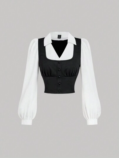 SHEIN MOD Plus Size Turndown Collar Long Sleeve Contrast Color Chest Ruched Black & White Contrast Color Shirt,Black Shirts,Button Down Blouse,Long Sleeve Women Shirts,Collared Women Shirt,Work Women Shirts,Dressy Shirts,V Neck Shirt