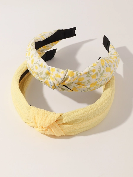 2pcs Women's Simple Elegant Yellow Solid & Floral Print Twist Headband, Suitable For Daily, Holiday, Party Wear Head Accessories Hairband