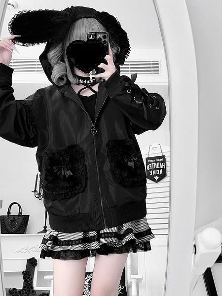 [$39.00]Black Plush Bunny Ear Hood Jirai Kei Jacket with Crossed Back Pins & Lace-Up Sleeves