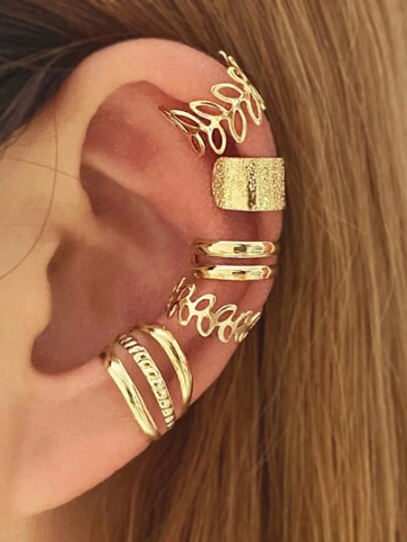 5pcs/Set Personalized Geometric Ear Bone Clip Without Ear Holes, C-Shaped Hollow Leaf Earrings, Elegant And Sexy Earrings, Fashionable Ear Clip, Mixed Metal Leaf And Branch Design, Textured Matte Finish, Multiple Sleeve Earrings, Versatile Jewelry For Women, Suitable For Daily Wear By Women