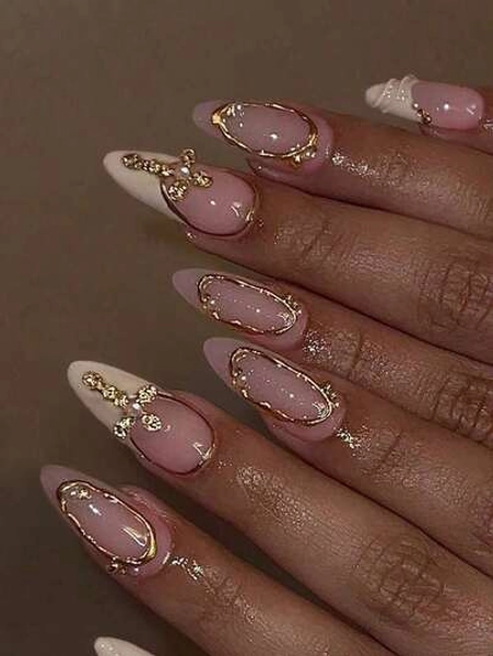24Pcs Long Almond 3D Gel Nails Makes Flower Nails Design French Tip Press On Nails Medium Three-Dimensional Alloy Cross Decoration With Pearl Design Fit Perfectly Acrylic False Nails Set, Include: 1Pc Jelly Glue And 1Pc Nail File, French Almond Tip Nails For Woman Girl Daily Work Festivals Party Use Nail Supplies Nails-Halloween,Christmas,Fall,Winter, Supplies,