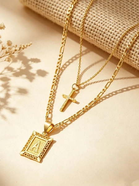 1pc Multi-Layer Letter Cross Necklace, A-Z Women Girls Layered Square Letter Pendant Figaro Chain Cross Necklace