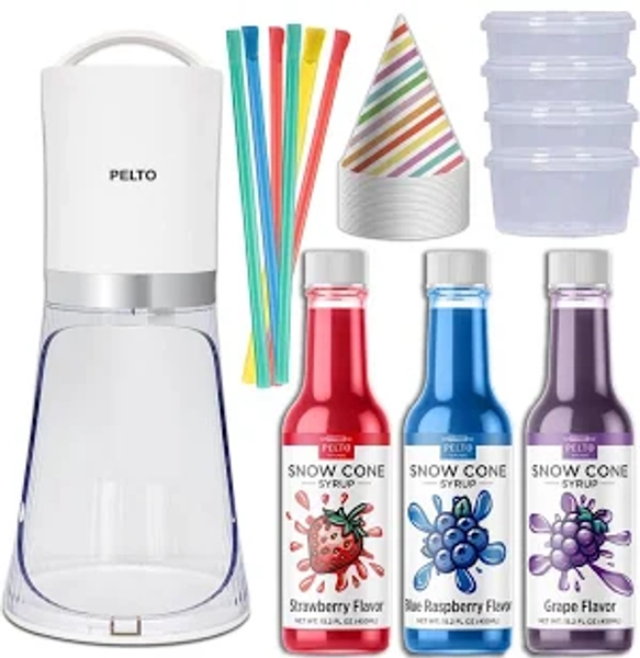 Snow Cone Machine set with 3 Flavors, 25 Cone Cups, 25 Straws, 4 Ice Molds - Strawberry, Blue Raspberry, Grape - Hawaiin Slushie Flavors - Electric