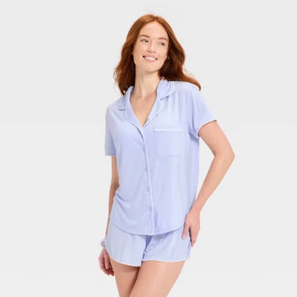 Women's Short Sleeve Notch Collar Shirt and Shorts Pajama Set - Auden™ Light Blue M
