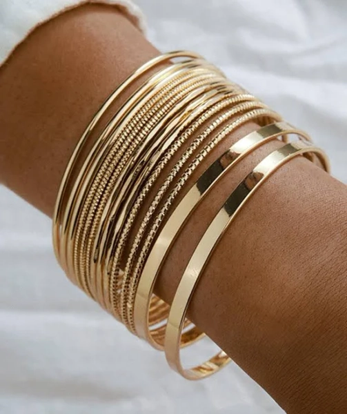 Gold 14Pcs Wide Cuff Smooth Bangle Bracelet Set For Women Fashion Iron Alloy Daily Wear Jewelry,one-size