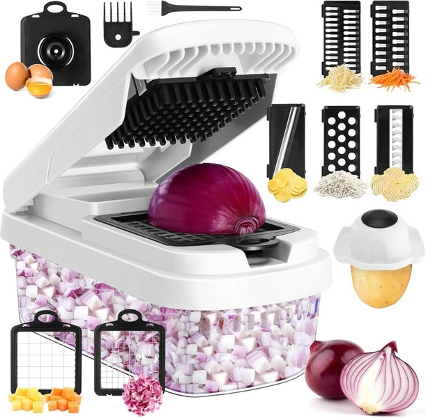 Refined Living Gemüseschneider 15-in-1 Gemüseschneider mit Auffangbehälter, Küchenreibe, Gemüsehobel, Multischneider für Gemüse,Zwiebeln,Obst,Käse usw.BPA-frei,Küchenhelfer