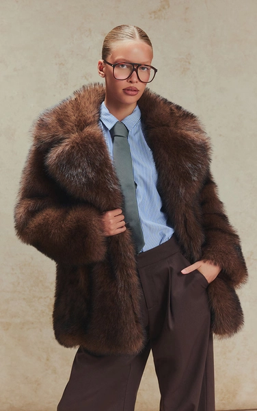 Brown Oversized Midi Faux Fur Coat