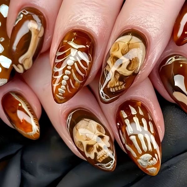 24 Pcs Halloween Realistic False Nails Almond Stick-on Nails for Women Punk Skull Press on Nails with Tools Prosthetic Nail Set