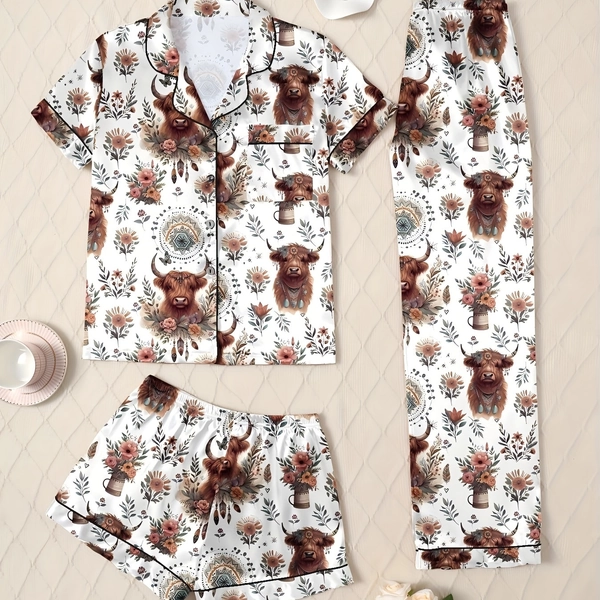 Women'S Cozy Fleece Pajama Set with Adorable Cow & Floral Print - Soft, Comfortable Sleepwear and Loungewear, Perfect for Fall/Winter, Casual Style, Casual Loungewear|Playful Print|Soft Fleece Fabric