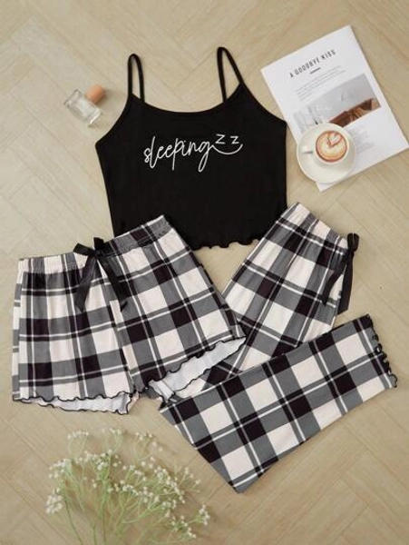 Alphabet Printed Cami Top + Alphabet Plaid Printed Shorts And Pants Pajamas Set (3 Pieces)