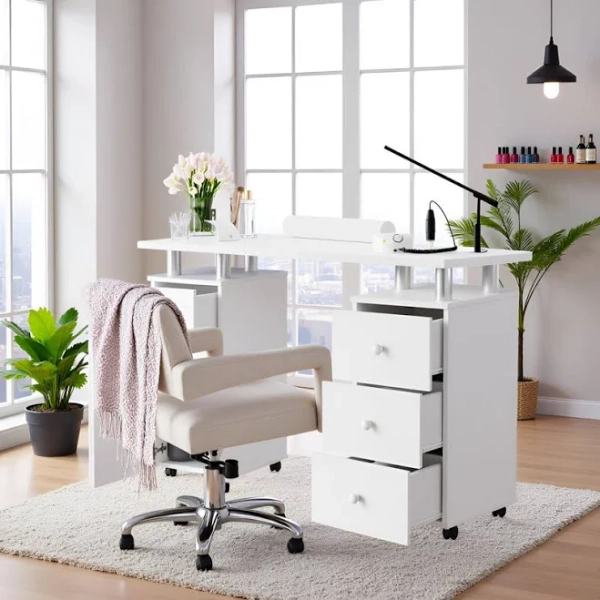 Nail Desk 47 inch Manicure Table with Drawers, Wrist Pad, Lockable Wheels, Acetone
