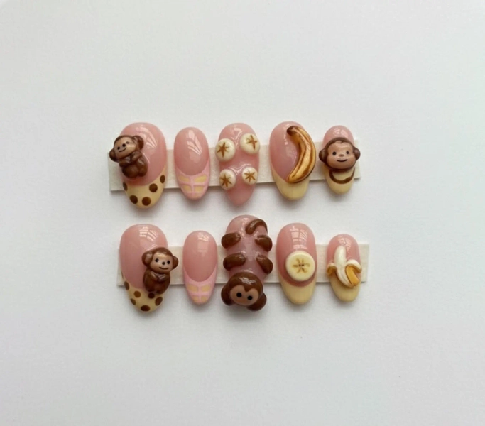Kawaii 3D Monkey Press On Nails: Handmade Banana Polka Nail Art