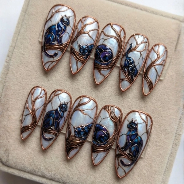 3D Gothic Cat Stained Glass Press On Nails | Midnight Feline Cathedral Nail Art